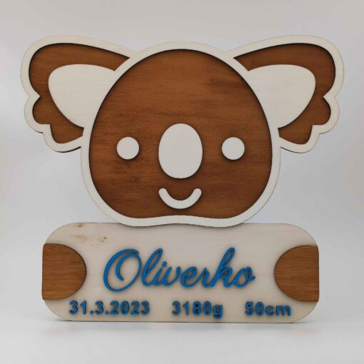 Ručne farbená drevená menovka na dvere alebo stenu detskej izby v tvare koala