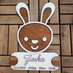 Ručne farbená drevená menovka na dvere alebo stenu detskej izby v tvare zajačika