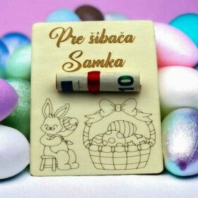 Drevená tabuľka pre šíbača na darovanie penazí. S vygravírovaným venovaním a menom.